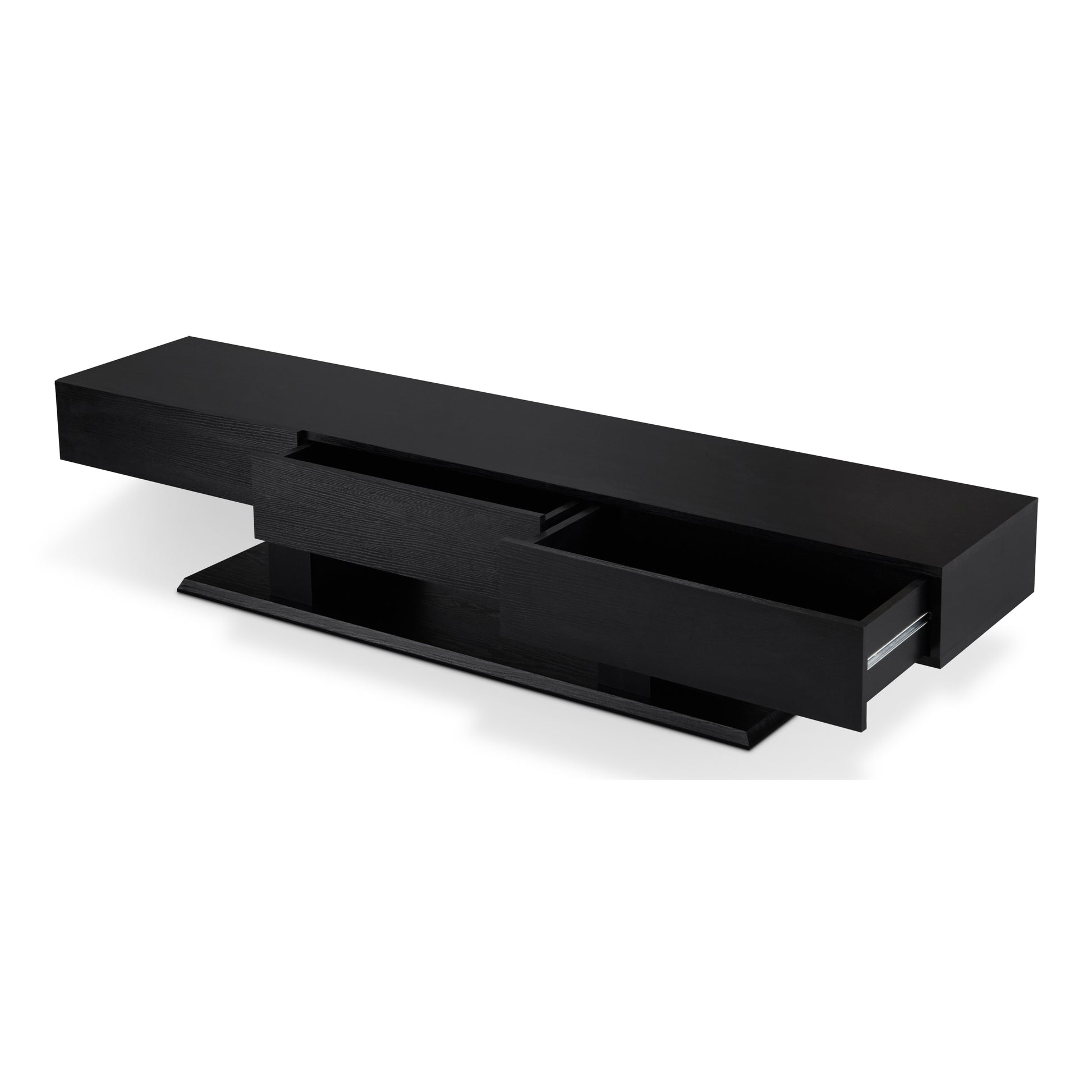 Sleek black modern media console with an open drawer and wood grain detail