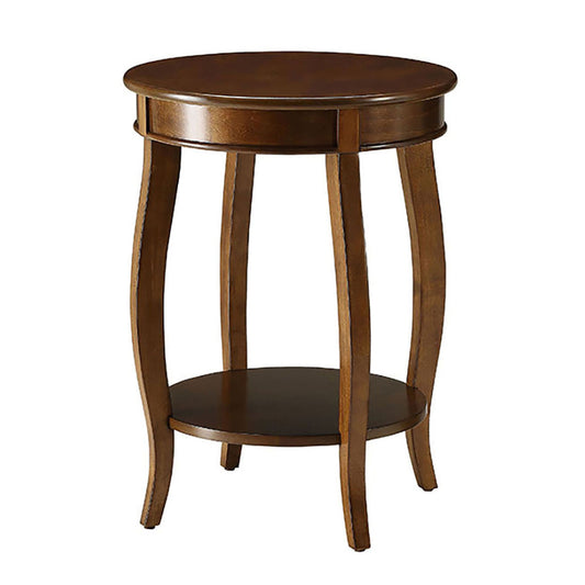 Round wooden accent table with curved legs and lower shelf classic design