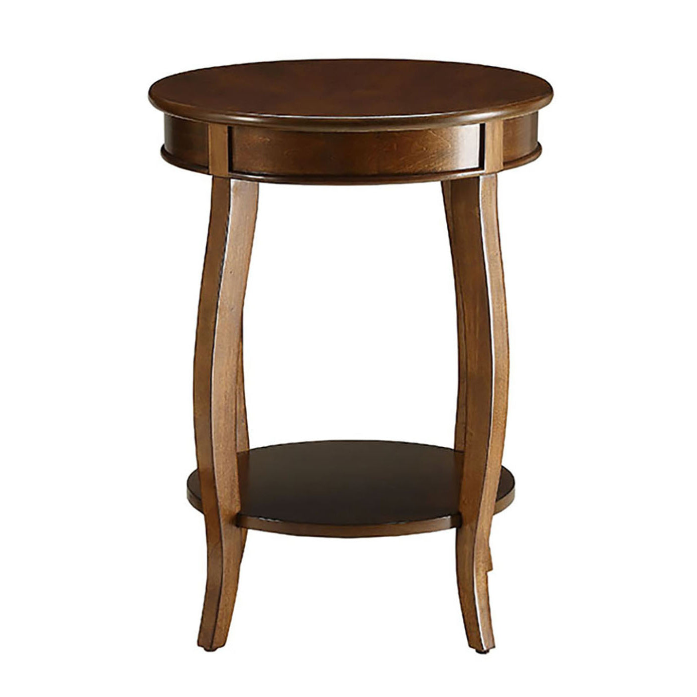 Round dark wood accent table with curved legs and a lower shelf