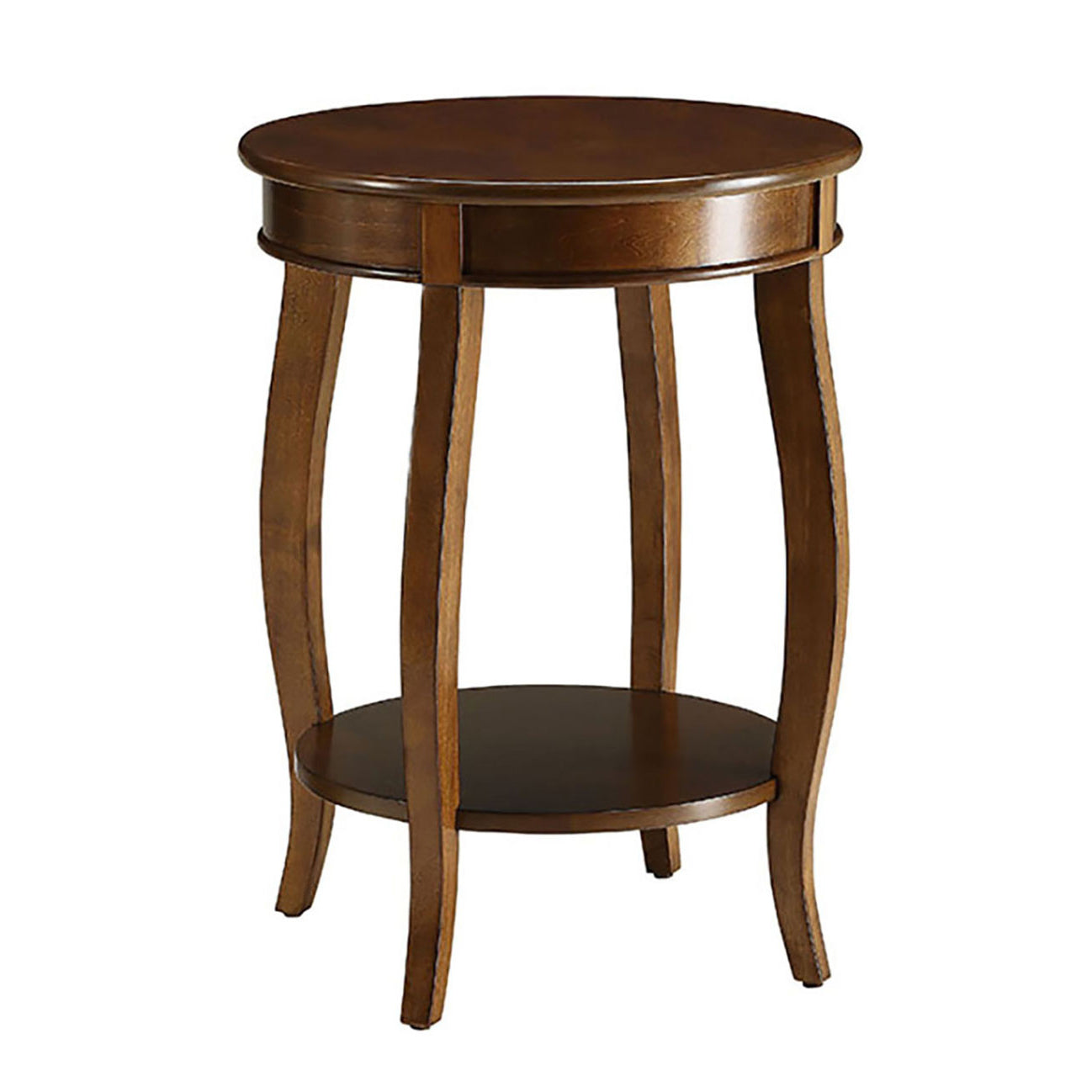 Dark brown wooden accent table with curved legs and a lower shelf