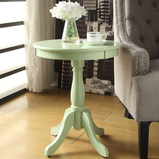 Pale green round pedestal side table with one drawer