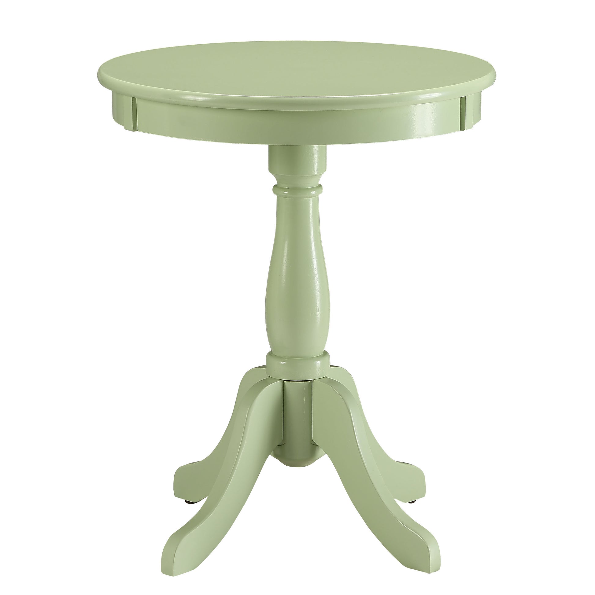Pale green wooden round accent table with pedestal base