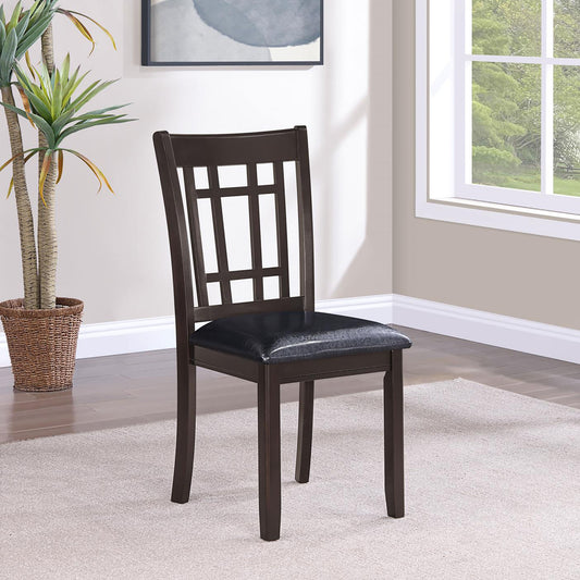 Dark brown wood dining chair with black faux leather seat and geometric backrest