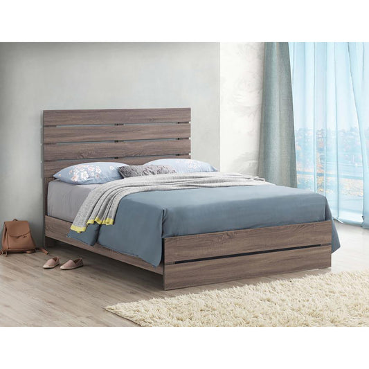 Modern oak wood platform bed frame with horizontal slat headboard and builtin drawers