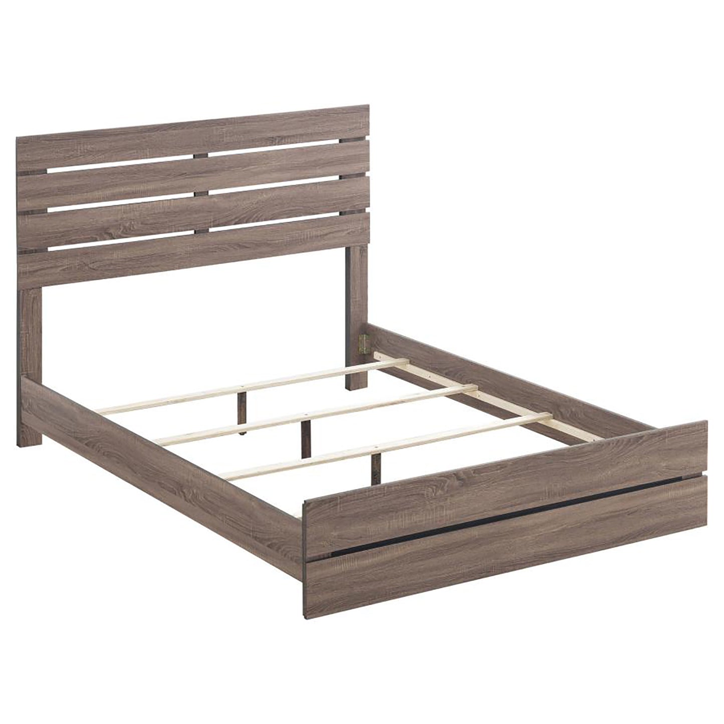 Modern platform bed frame with horizontal slat headboard faux wood finish