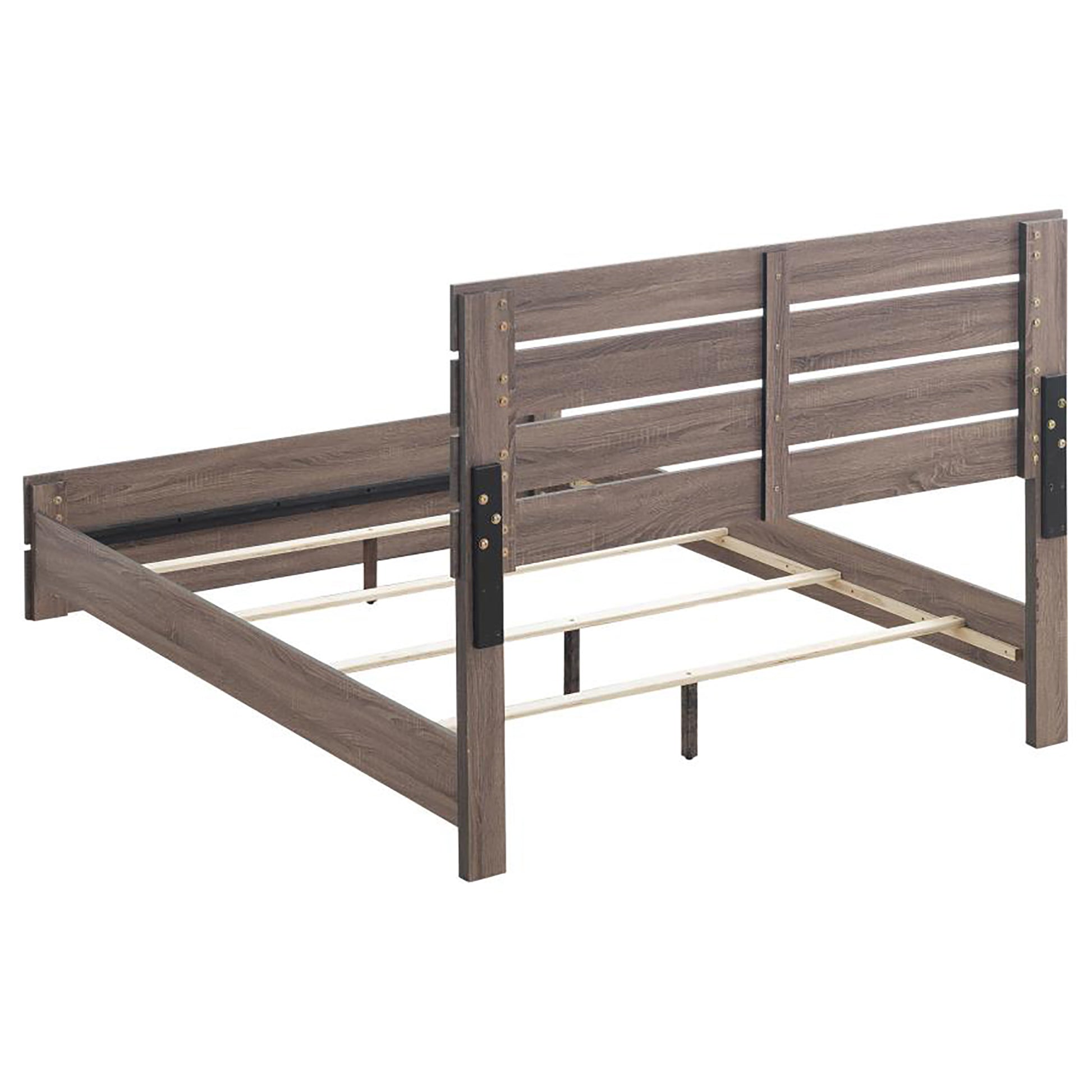 Rustic brown wooden bed frame with horizontal slats on headboard and footboard