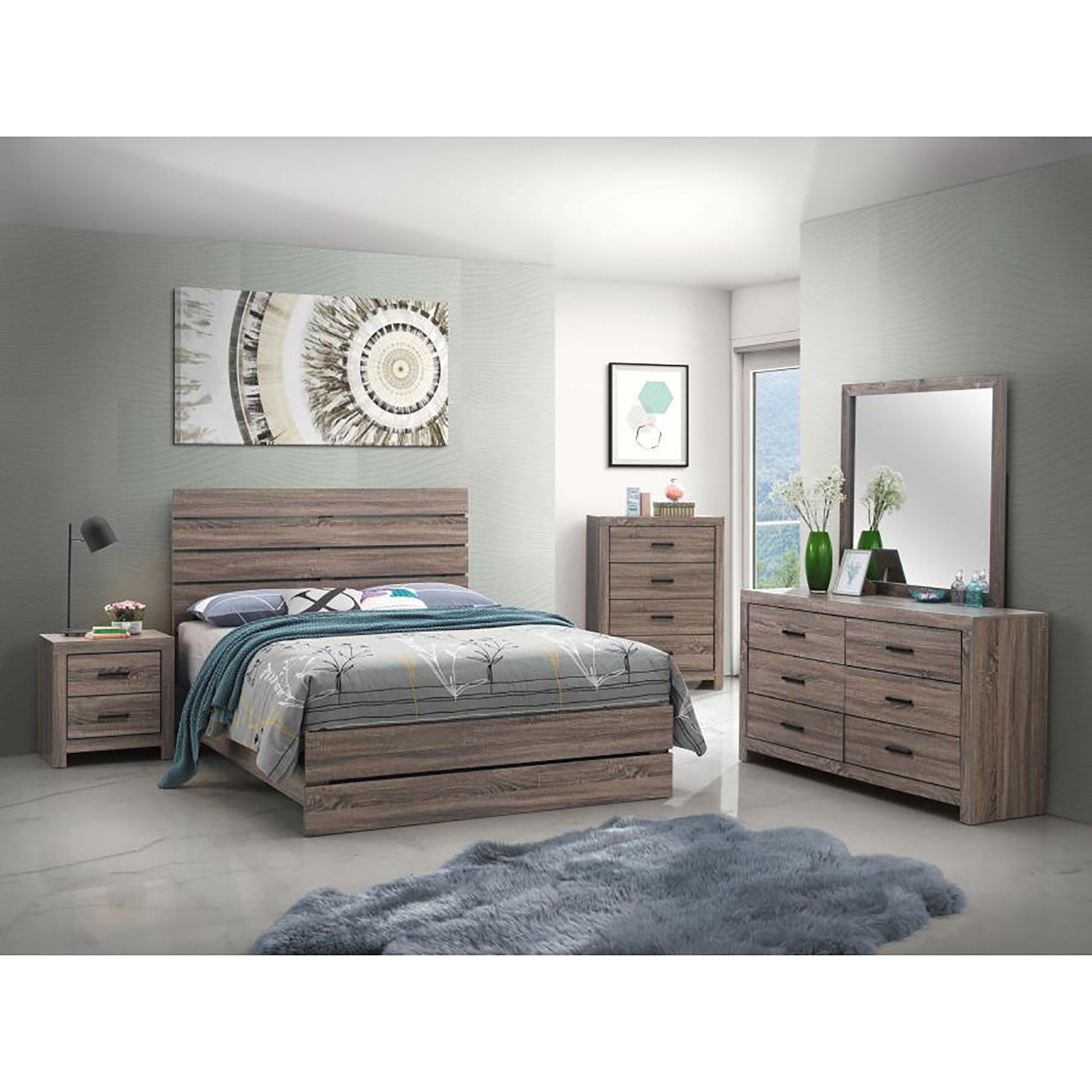Rustic wood queen bed frame with horizontal slatted headboard