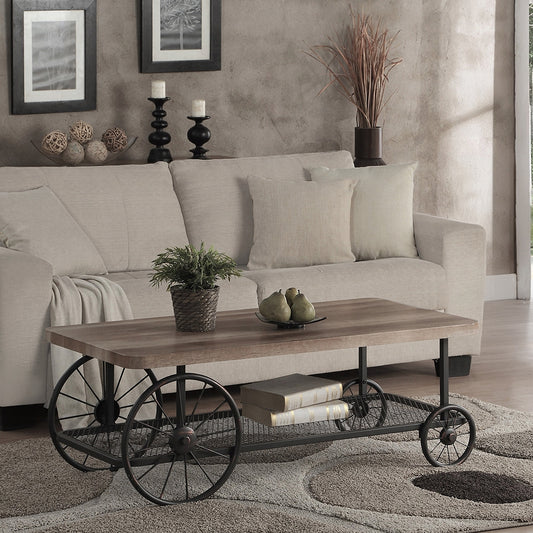 Rustic industrial coffee table with wood top metal wheels and lower shelf for storage
