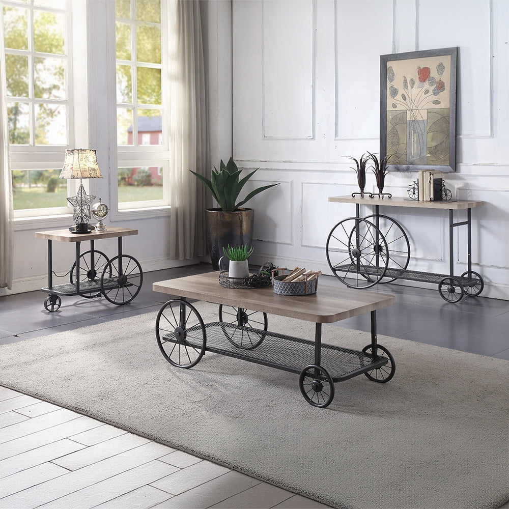 Rustic coffee table with a natural wood top and black metal wheel accents perfect for living rooms