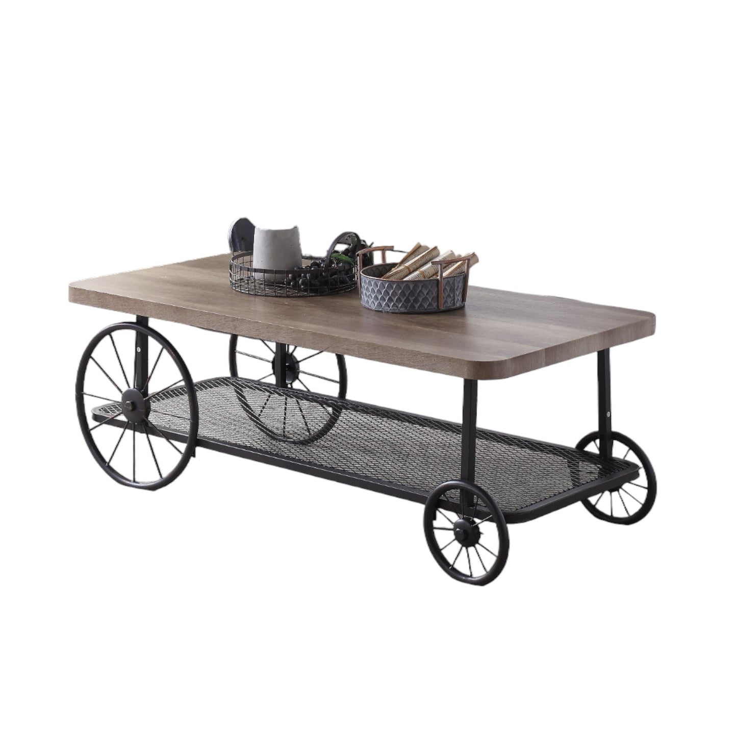 Rustic farmhouse coffee table with wooden top and industrial wheels for easy movement