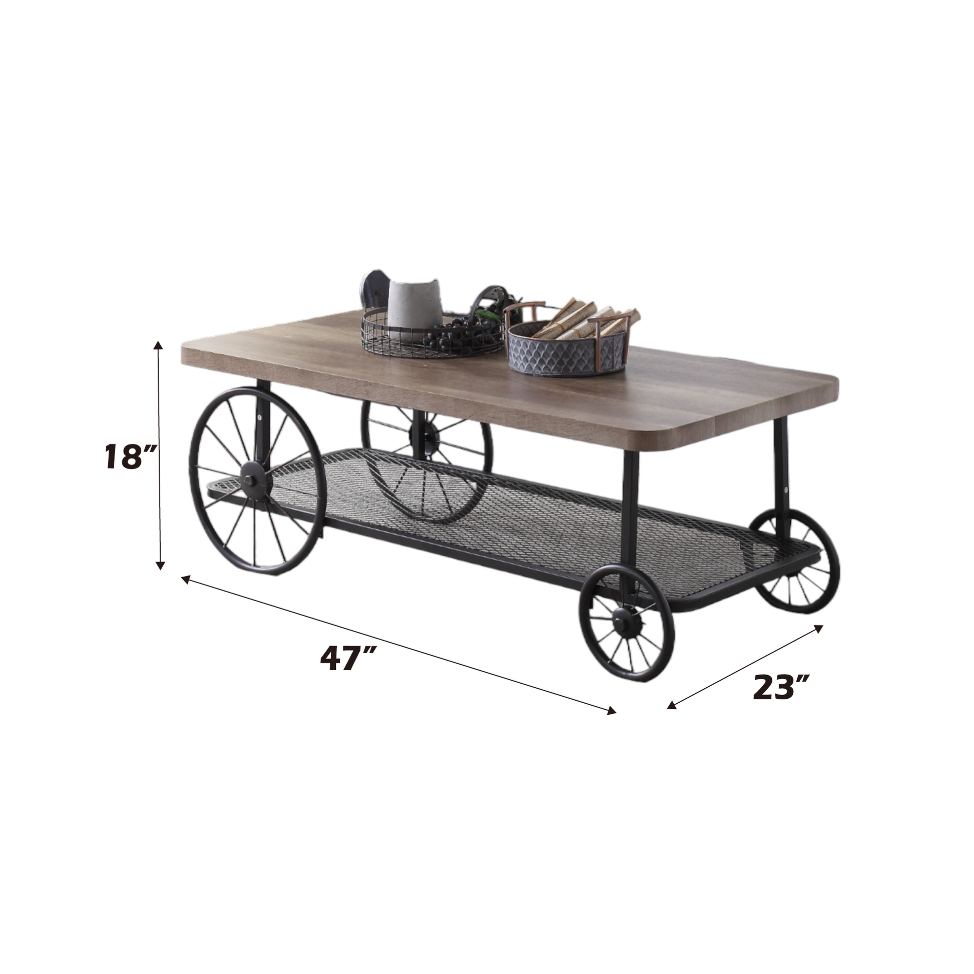 Rustic wood coffee table with industrial metal wheel design and mesh shelf