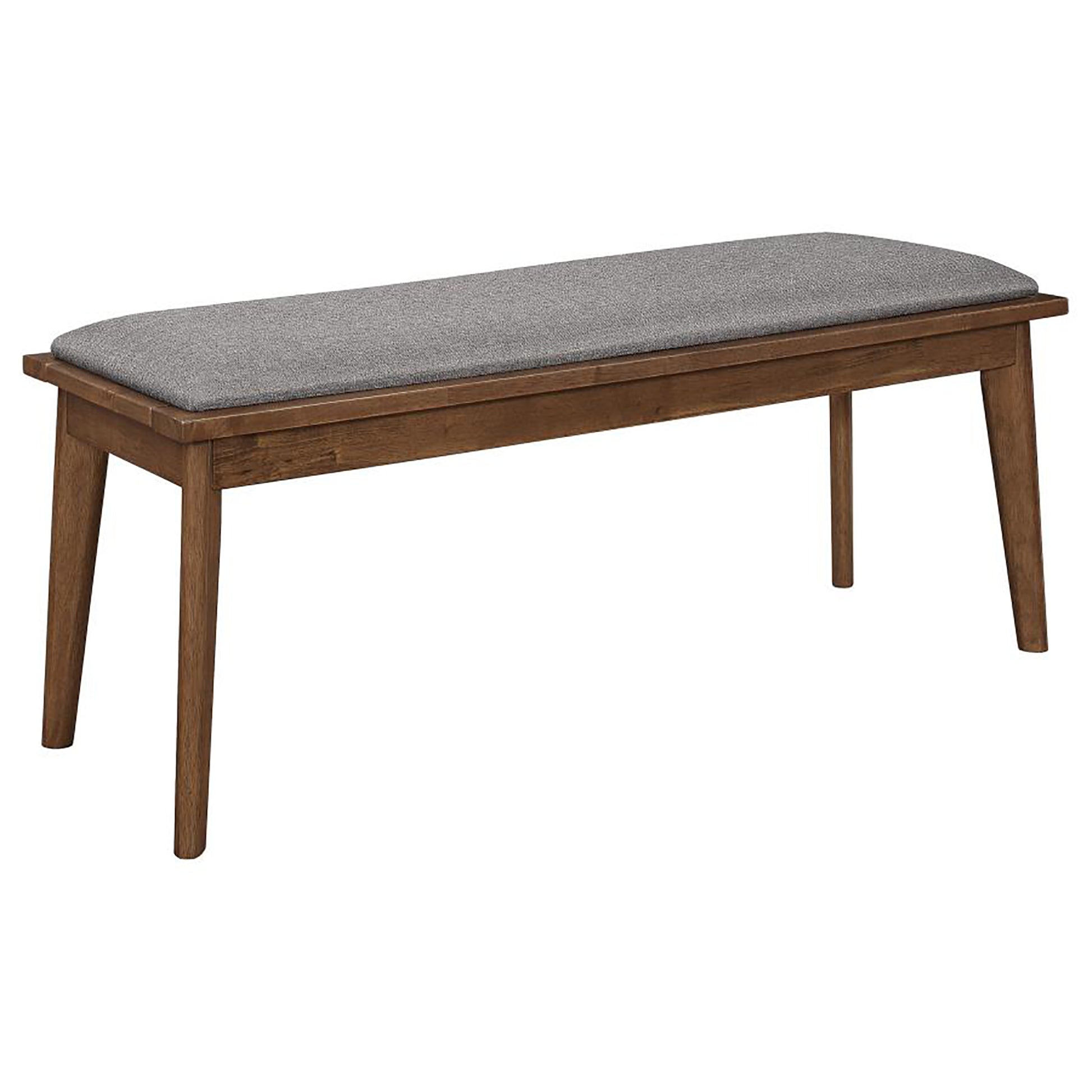 Modern wood bench with grey upholstered seat and tapered legs