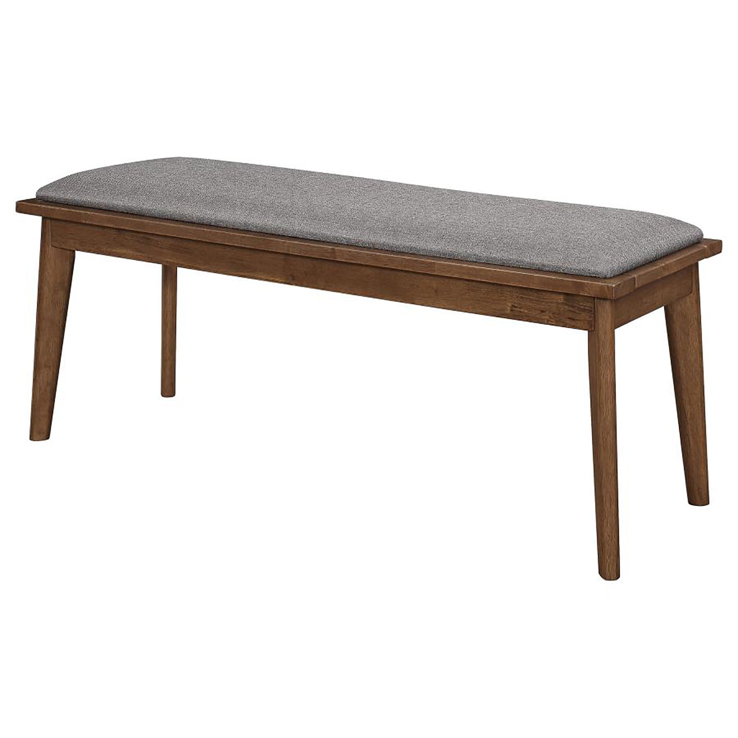 Midcentury modern wooden bench with gray upholstered seat
