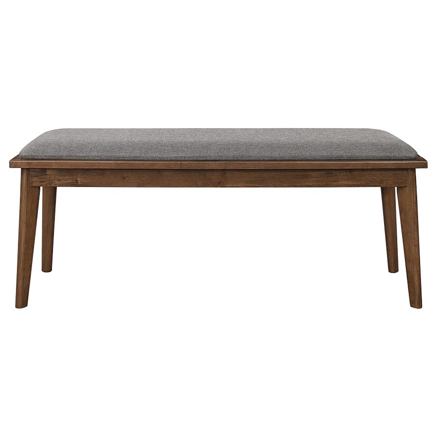 Modern gray upholstered bench with tapered wooden legs for entryway seating