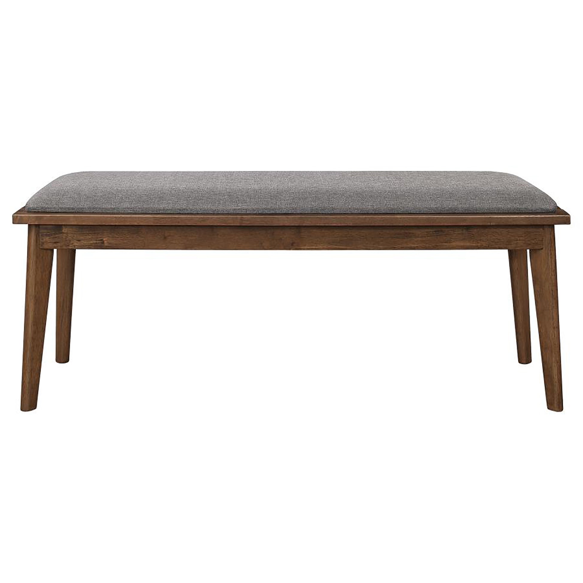 Modern gray upholstered bench with tapered wooden legs for entryway seating