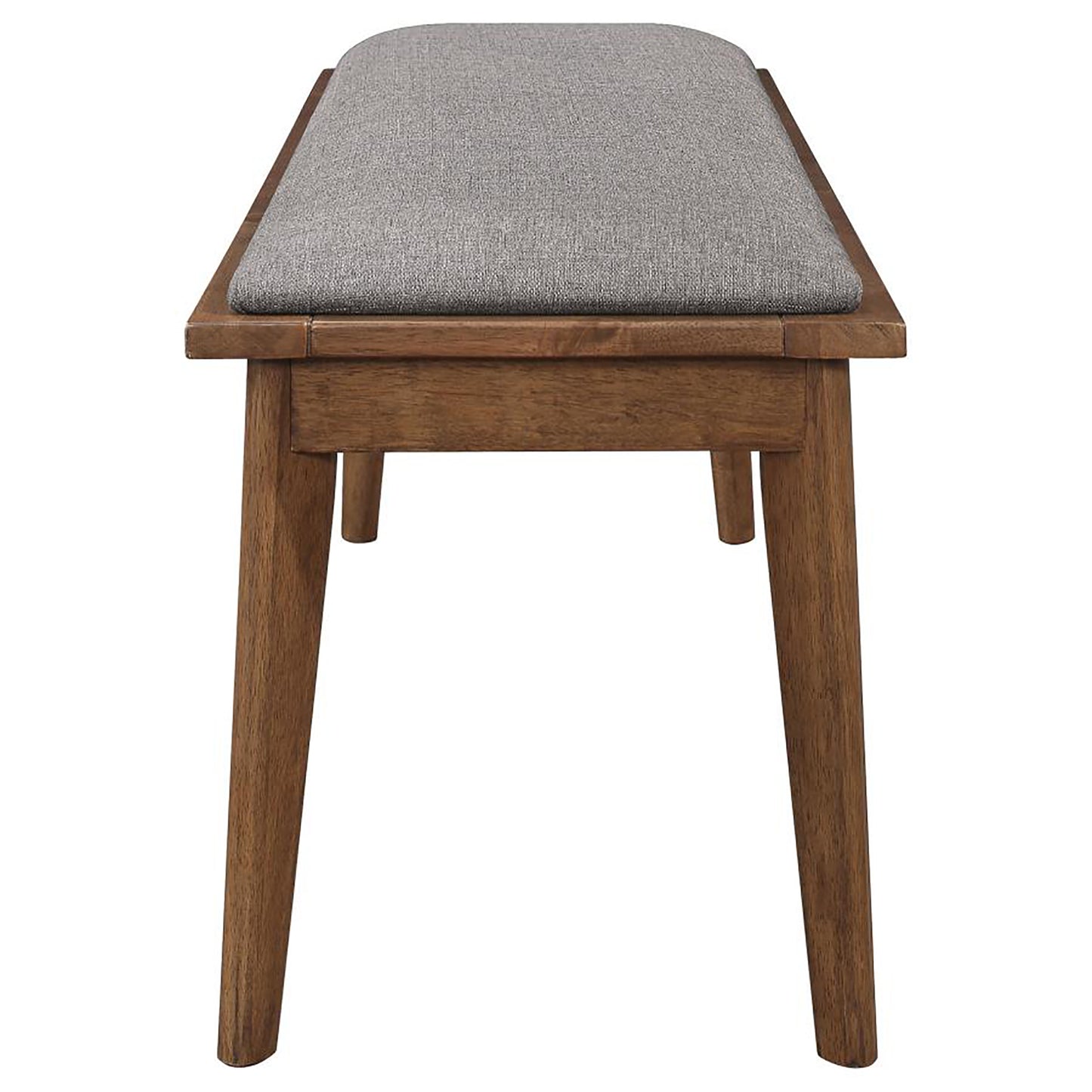 Midcentury modern wooden bench with grey upholstered seat