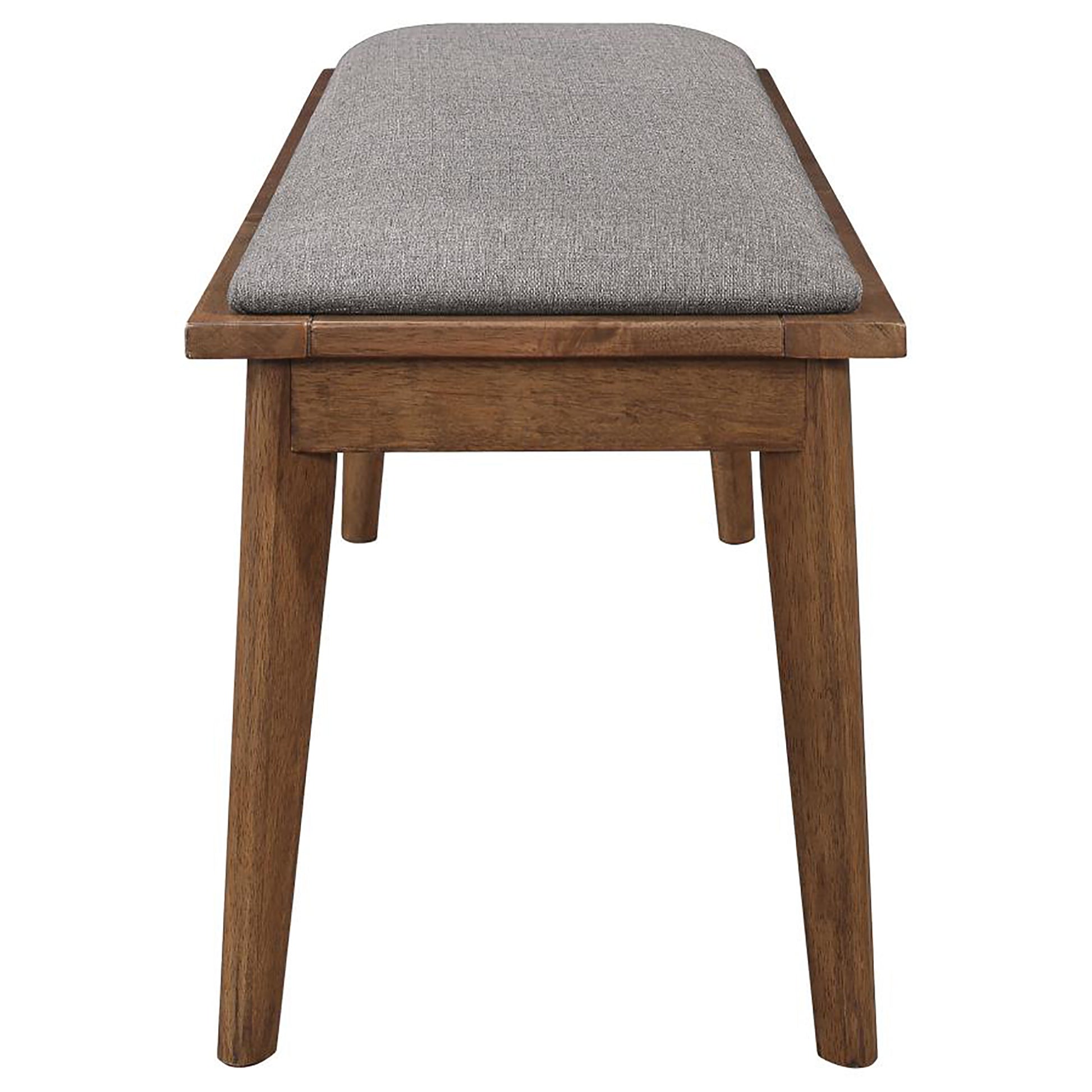 Midcentury modern wooden bench with grey upholstered seat