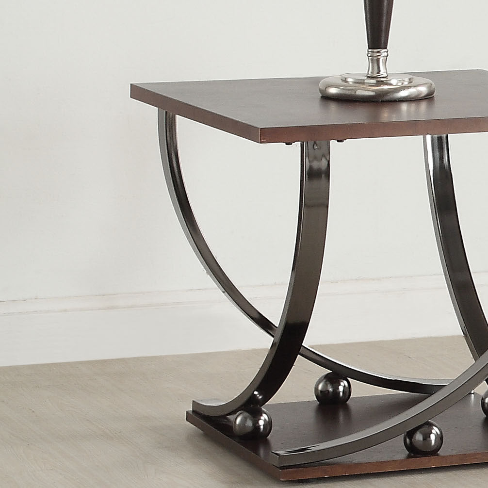 Dark wood square end table with curved metal legs and spherical accents contemporary style