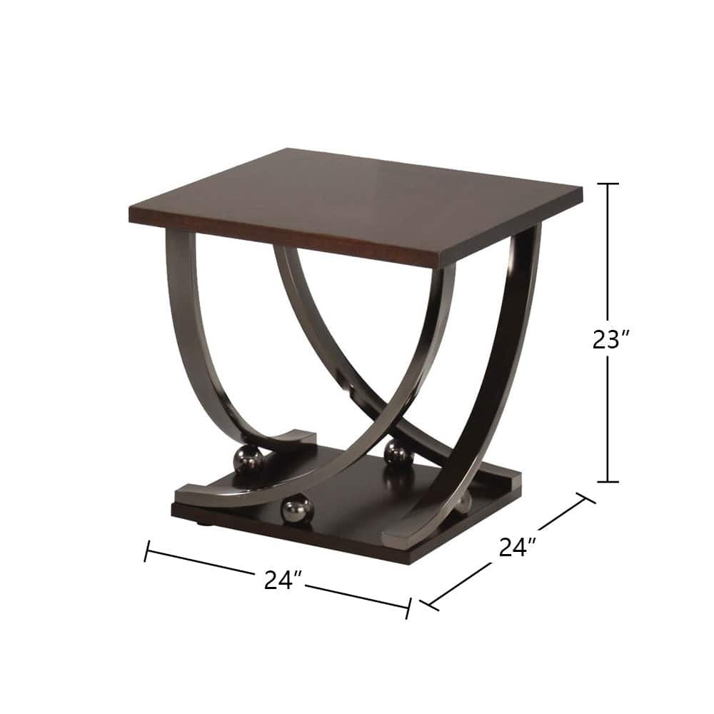 Dark wood square end table with curved metallic legs and spherical accents  inches tall