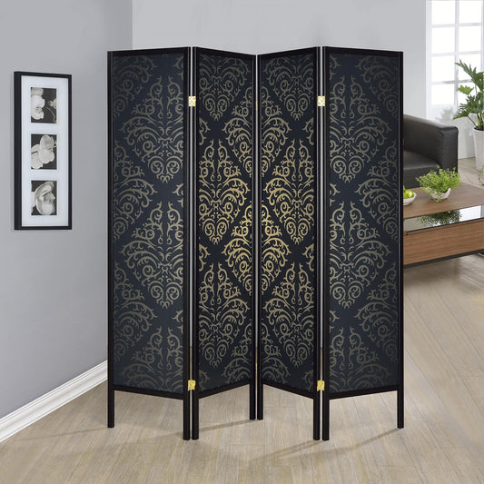 Fourpanel black room divider screen with gold damask pattern