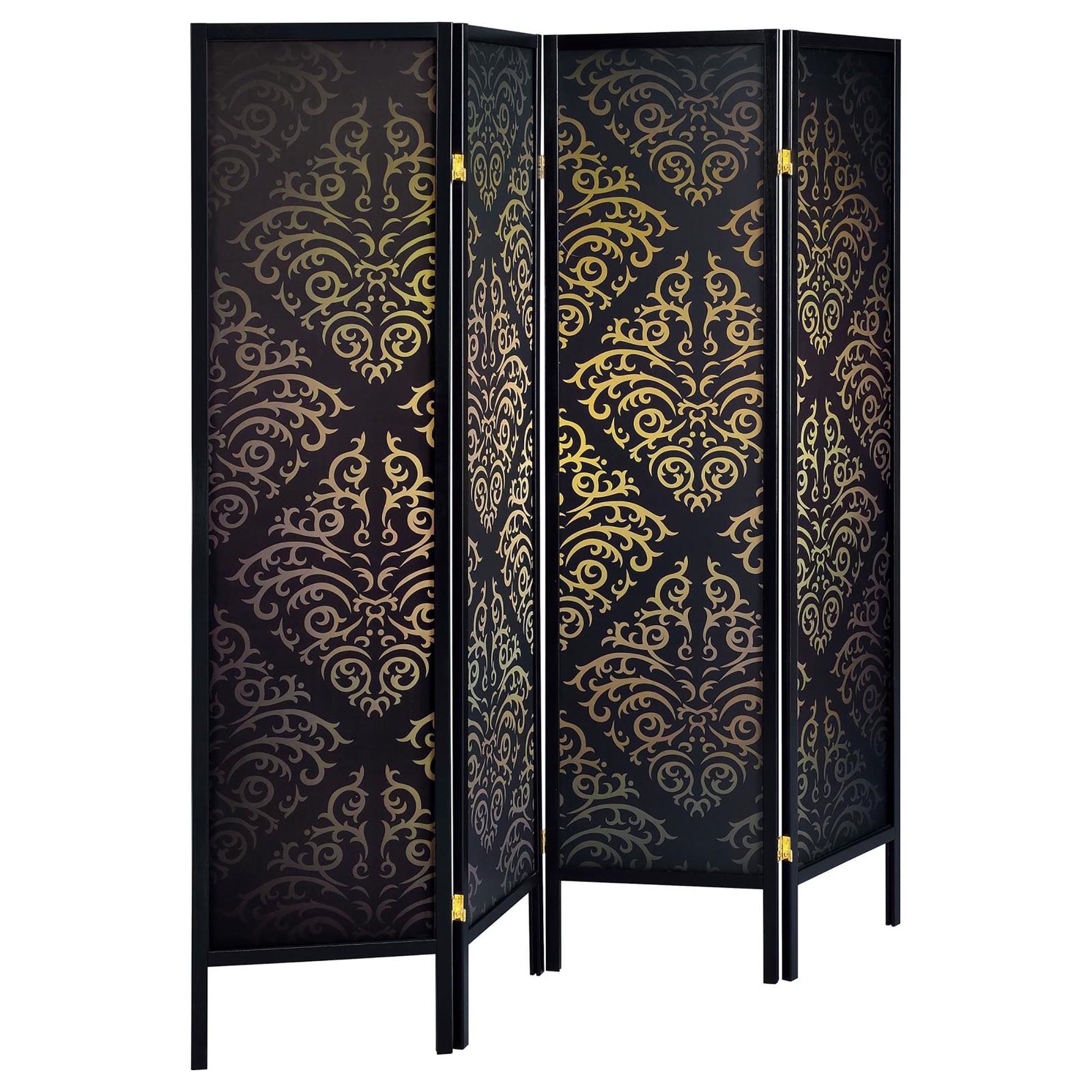 Black fourpanel room divider with damask pattern accent for home decor