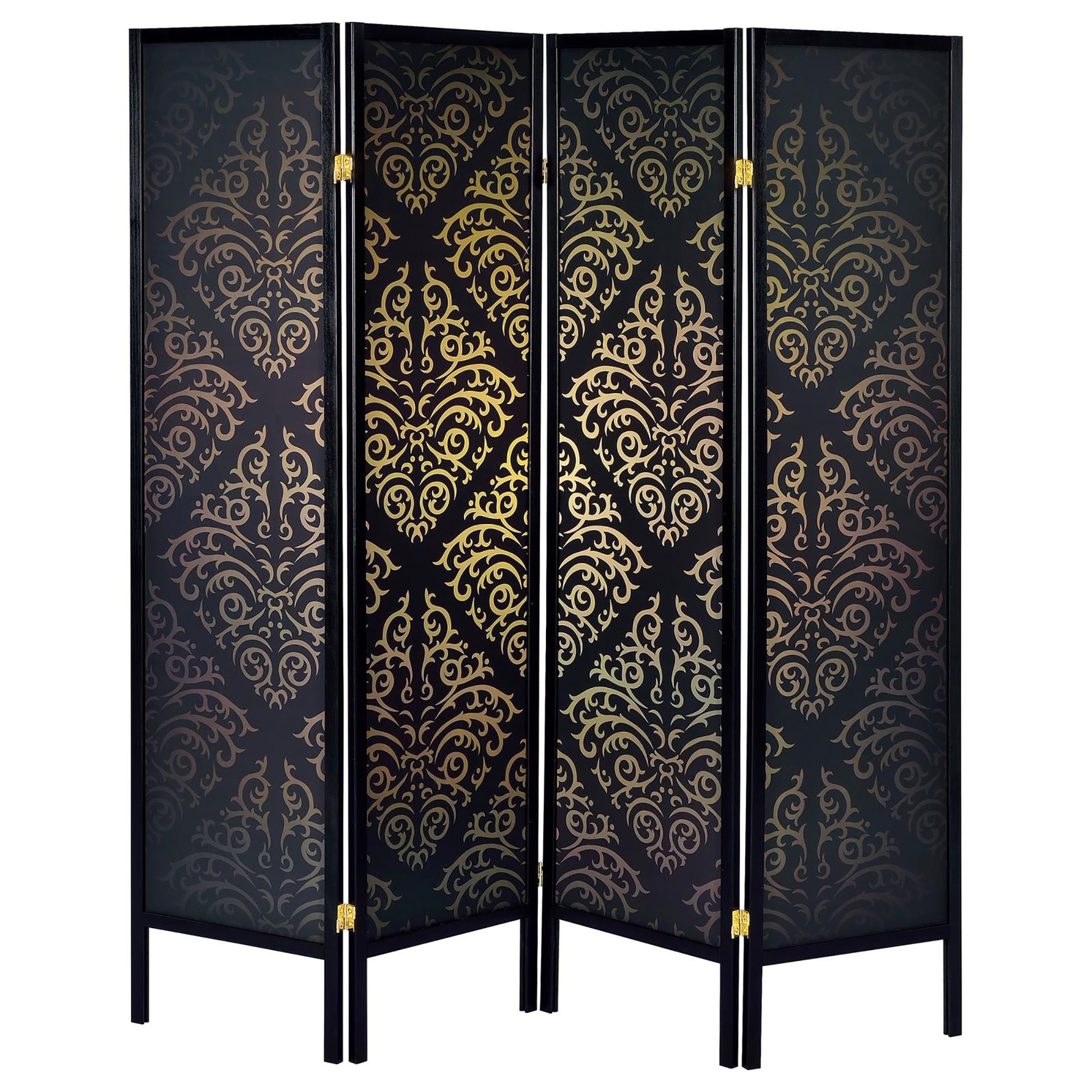 Black fourpanel room divider with gold damask pattern and brass hinges