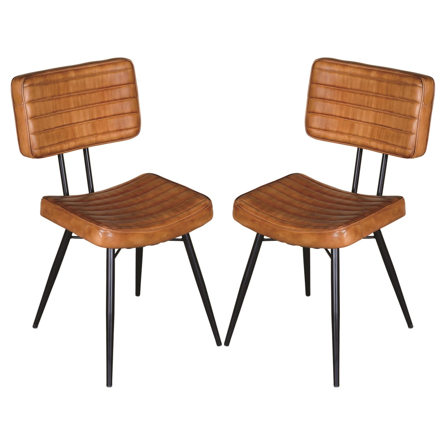 Two distressed brown faux leather dining chairs with quilted seats and backs black metal legs