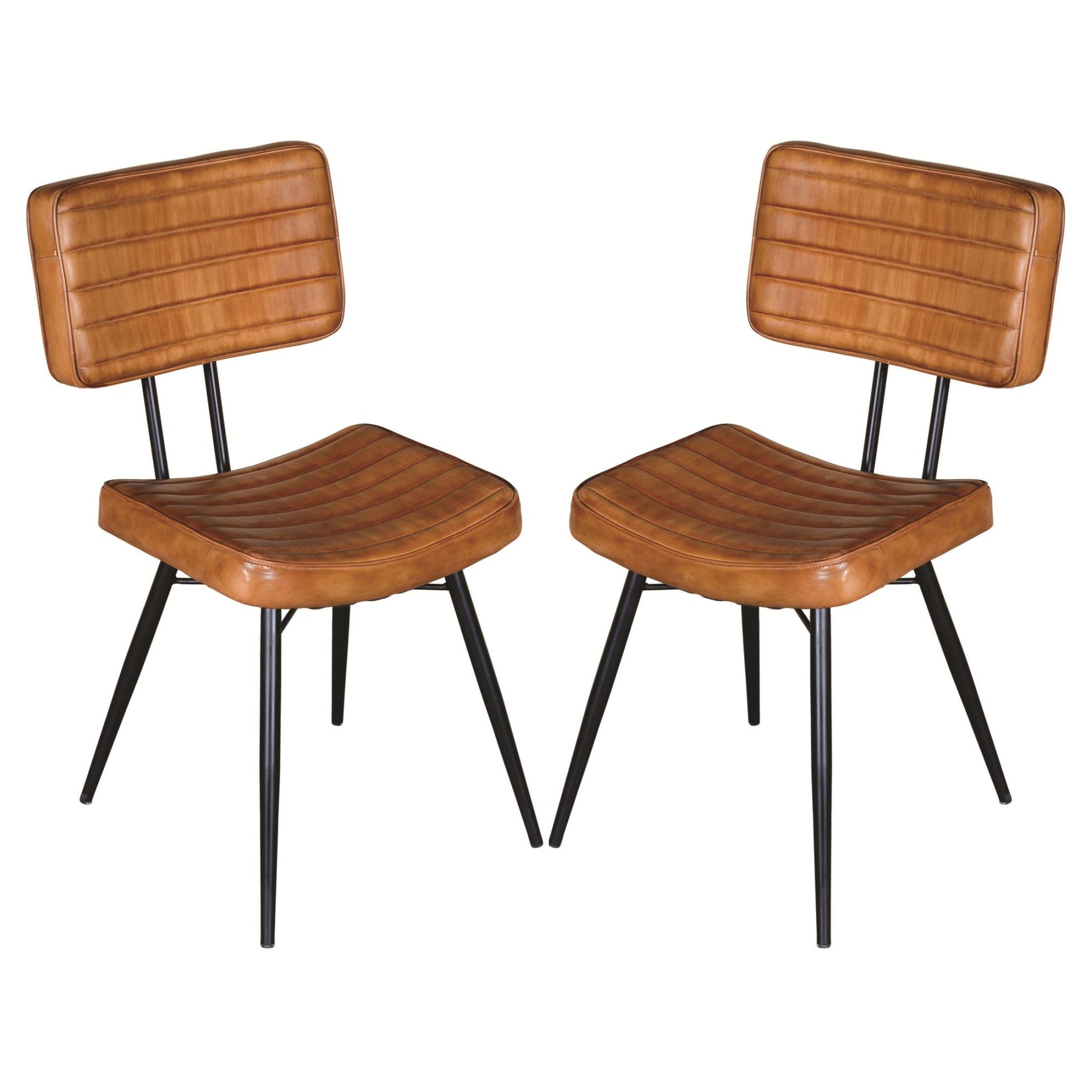 Two distressed brown faux leather dining chairs with quilted seats and backs black metal legs