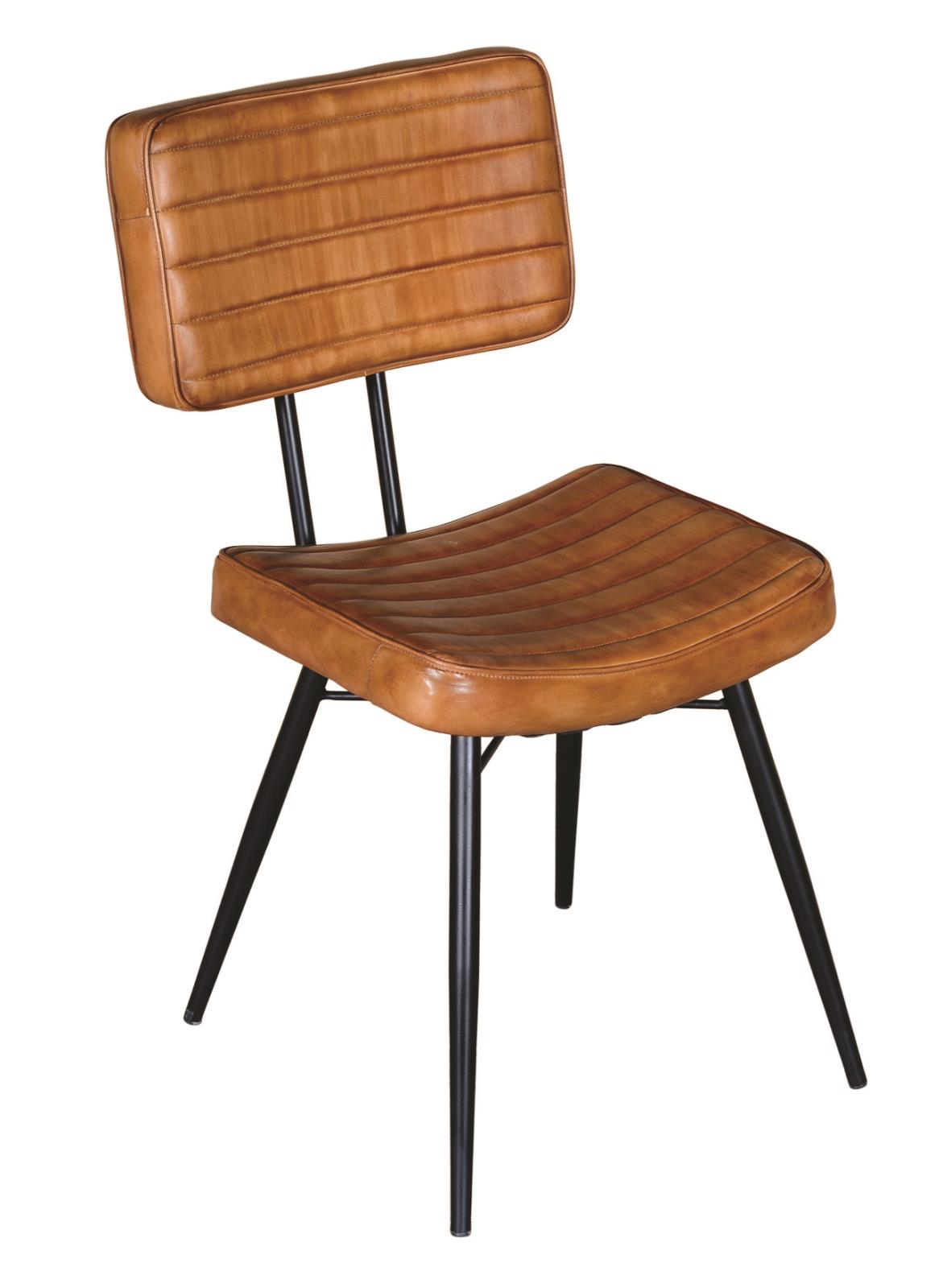 Brown leather accent chair with quilted details and black metal legs