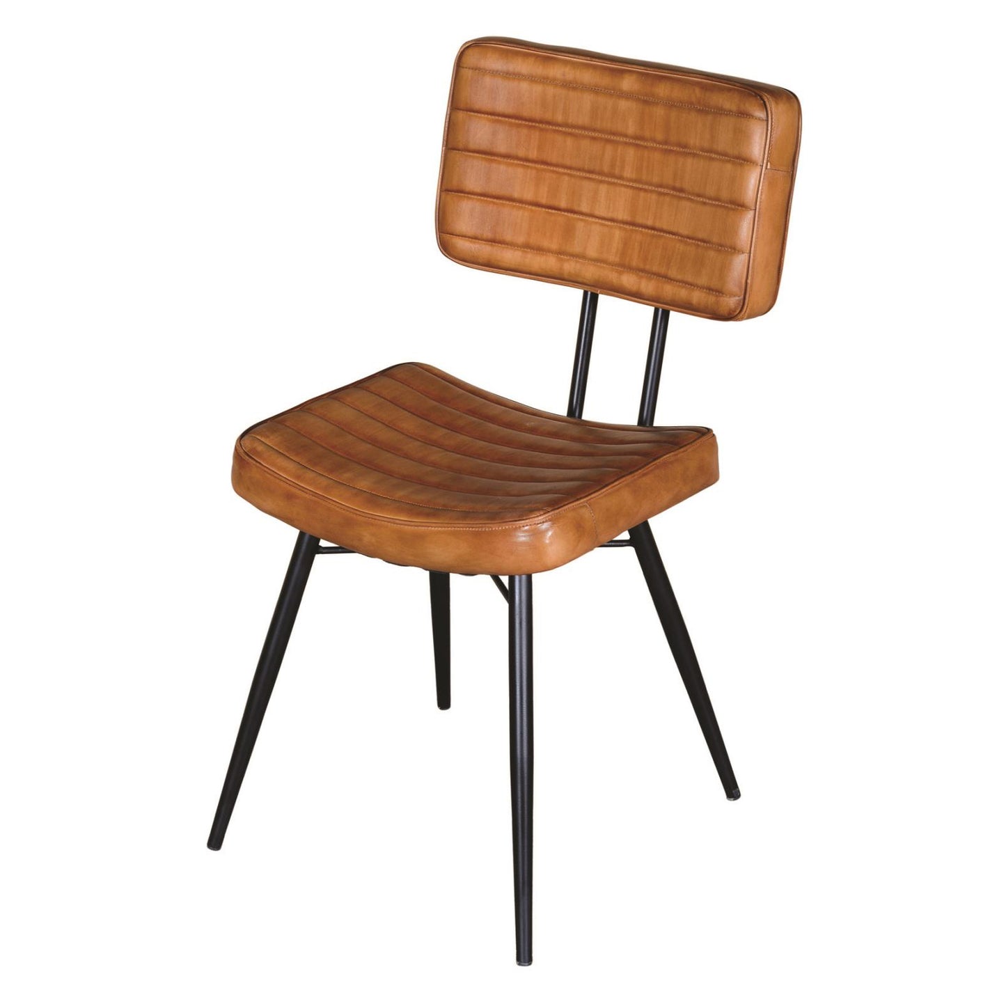 Tan leather dining chair with horizontal stitching and black metal legs midcentury modern style