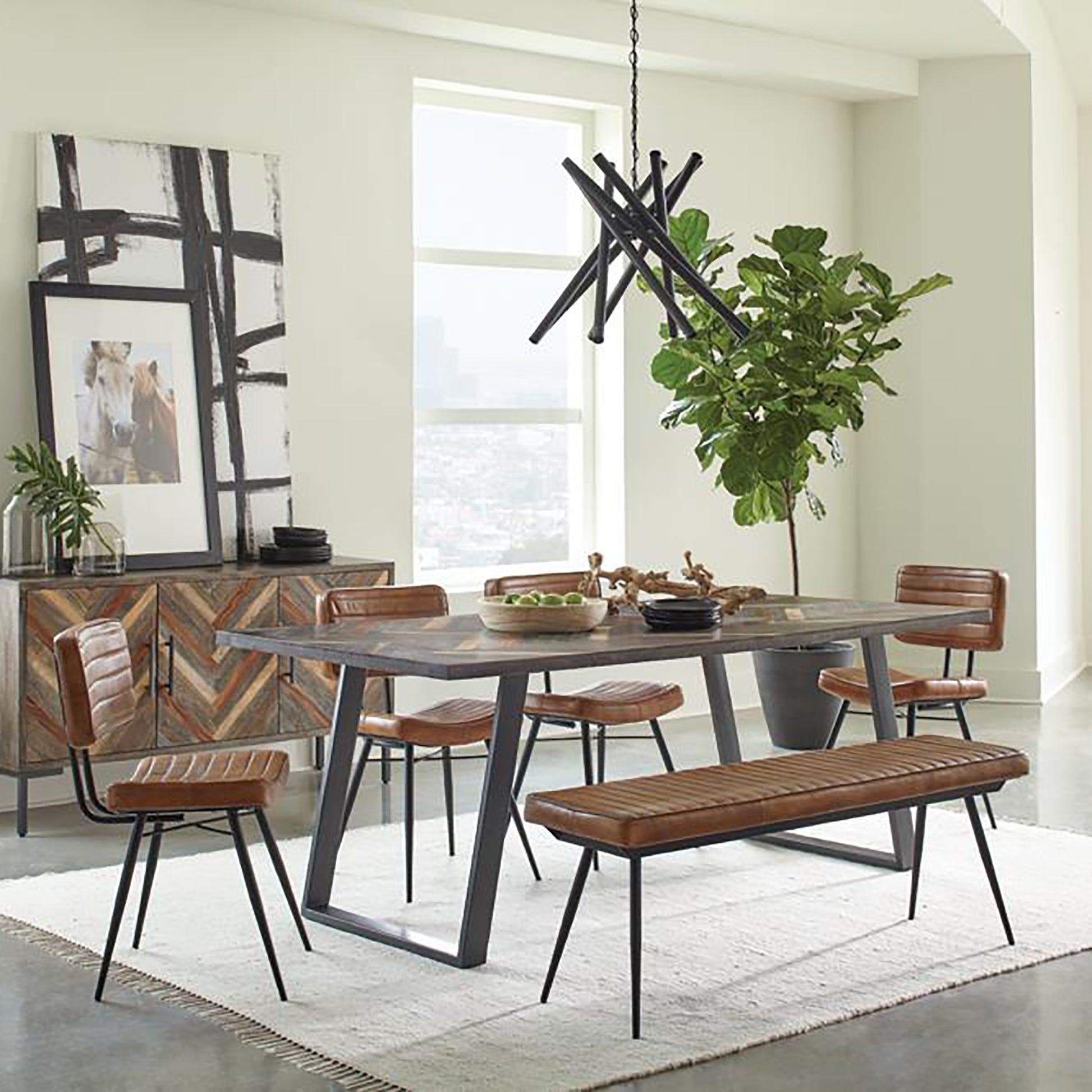 Modern dining table with dark wood finish and black metal legs seats