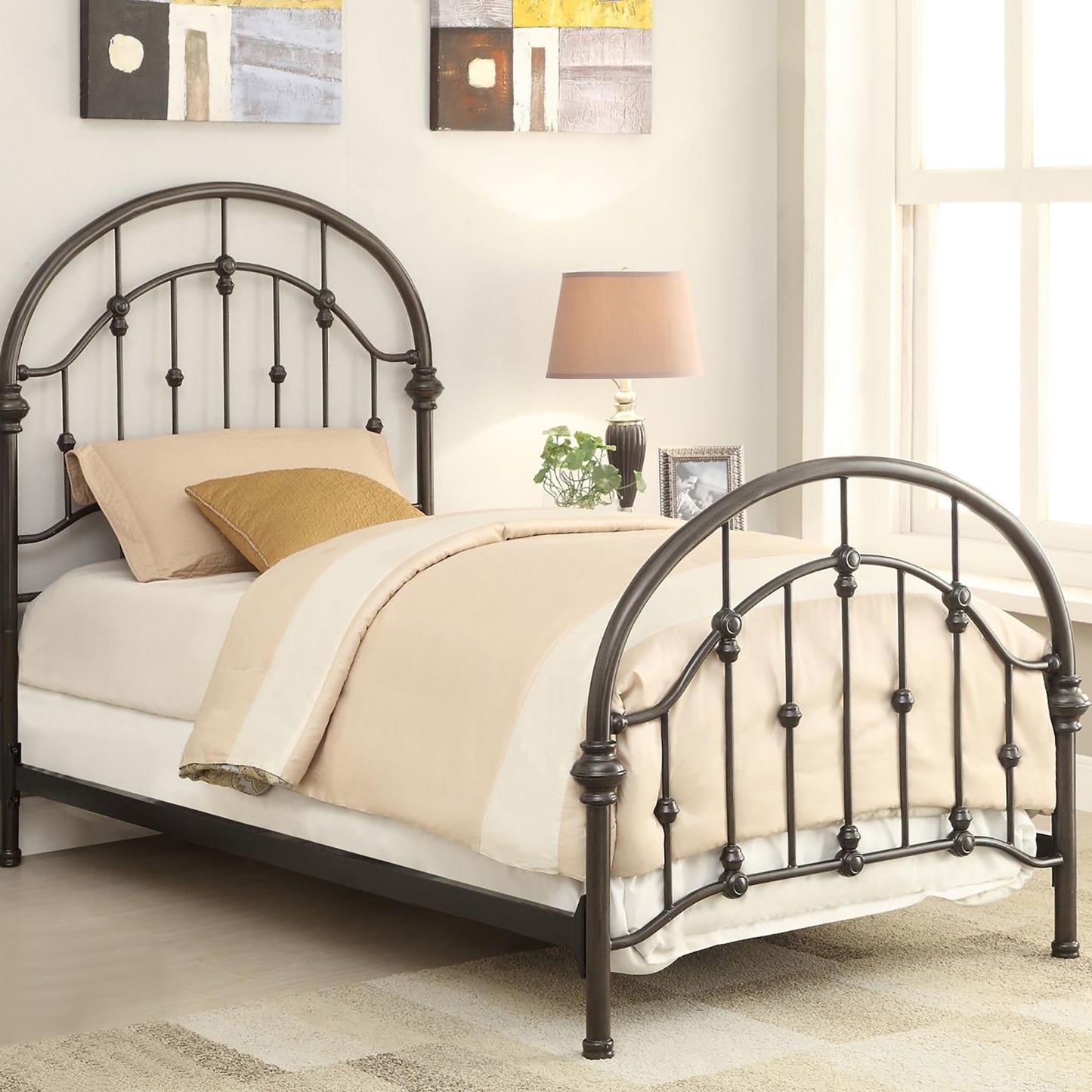 Ornate dark metal twin bed frame with arched headboard and footboard modern bedroom decor