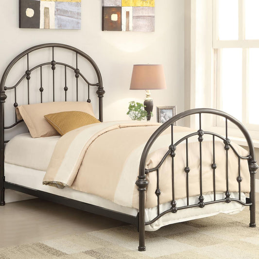 Ornate dark metal twin bed frame with arched headboard and footboard modern bedroom decor