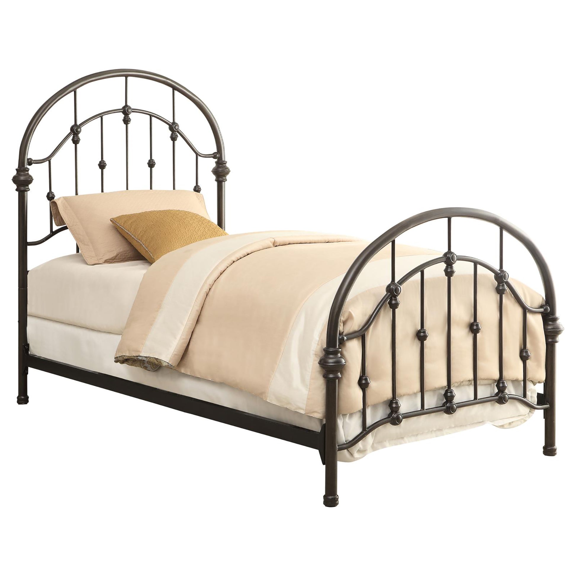 Dark bronze metal twin bed with arched headboard and footboard perfect for a vintage bedroom