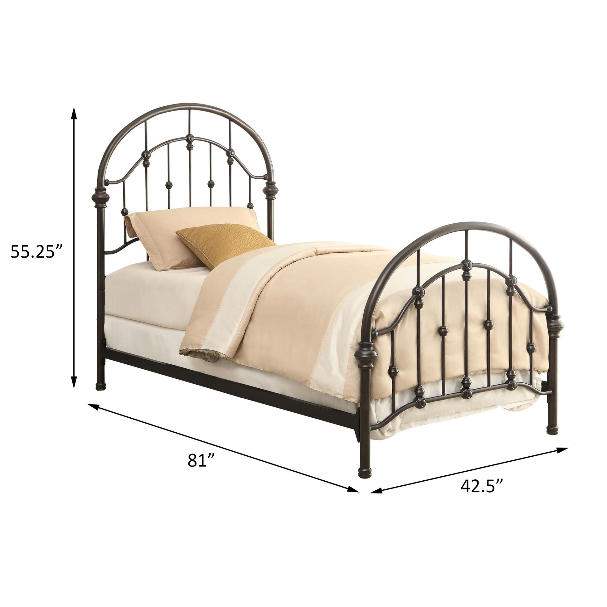 Ornate metal twin bed frame in bronze with arched headboard and footboard