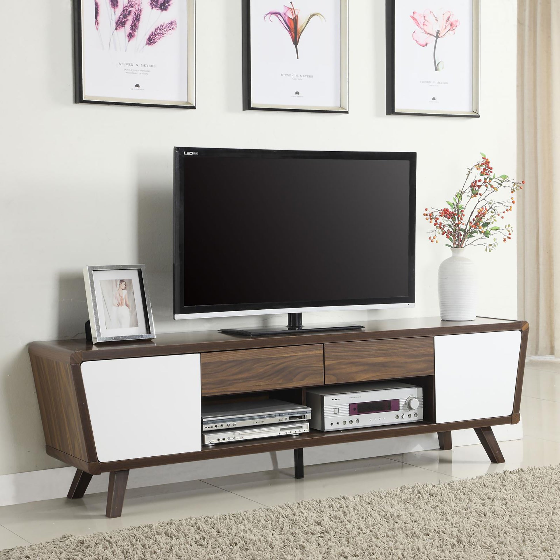 Midcentury modern media console with walnut finish white cabinet doors and ample storage for entertainment systems