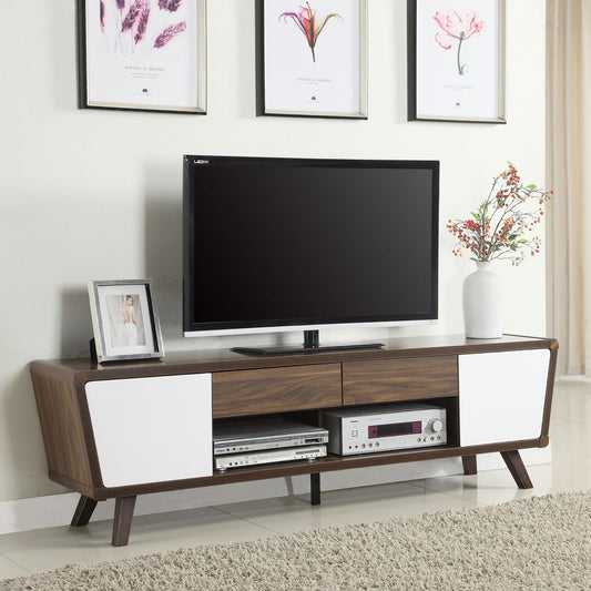 Midcentury modern media console with walnut finish white cabinet doors and ample storage for entertainment systems