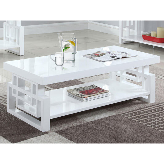 Sleek white high gloss coffee table with open geometric base perfect for modern living rooms
