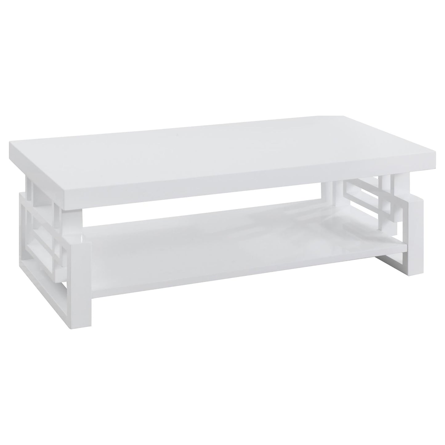 Modern white coffee table with geometric open shelving for living room decor
