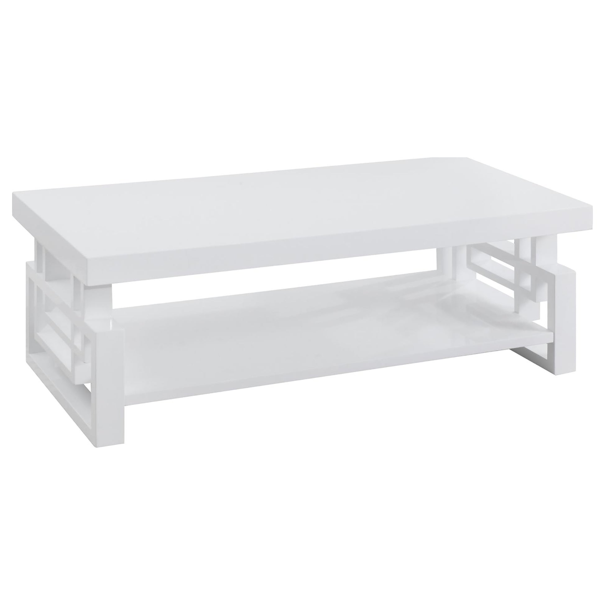 Modern white coffee table with geometric open shelving for living room decor