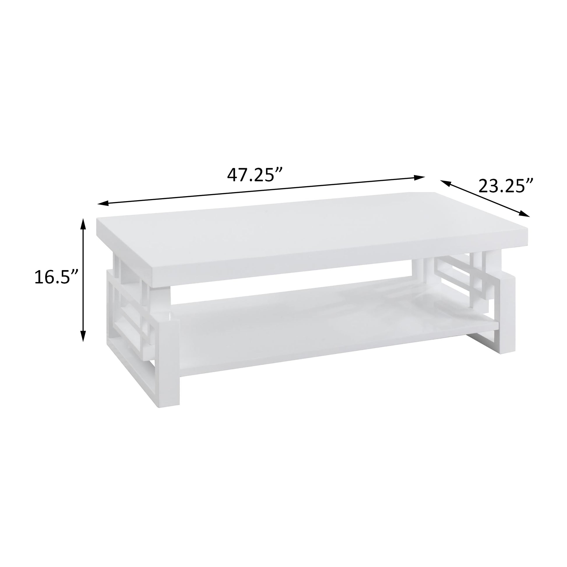 Modern white coffee table with lower shelf and minimalist design  L x  W x  H