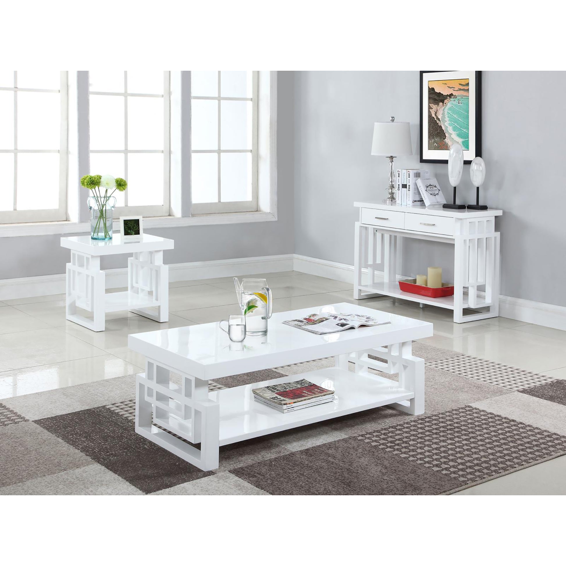 White gloss rectangular coffee table with geometric open shelf design