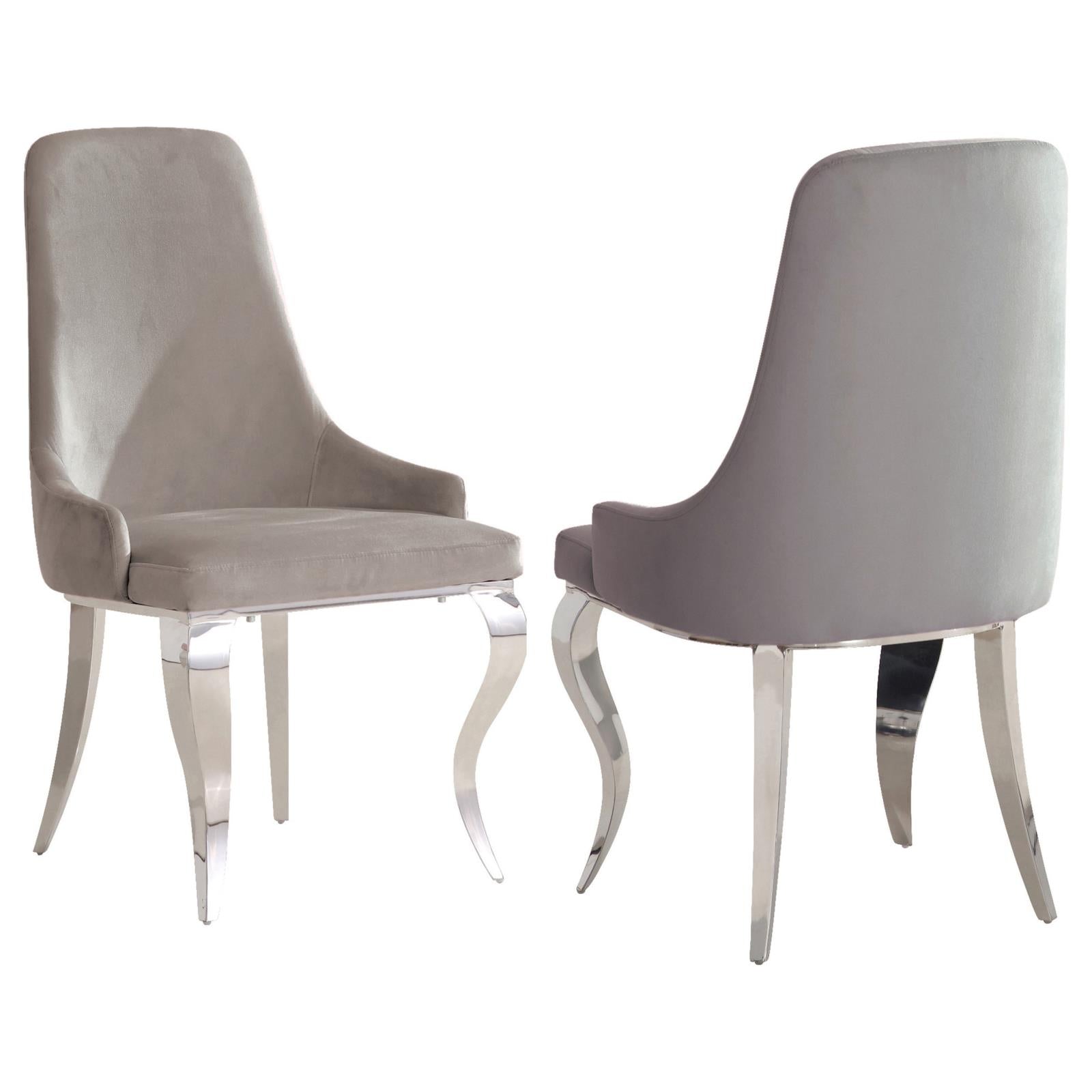 Grey velvet armchair with curved chrome legs modern dining chair