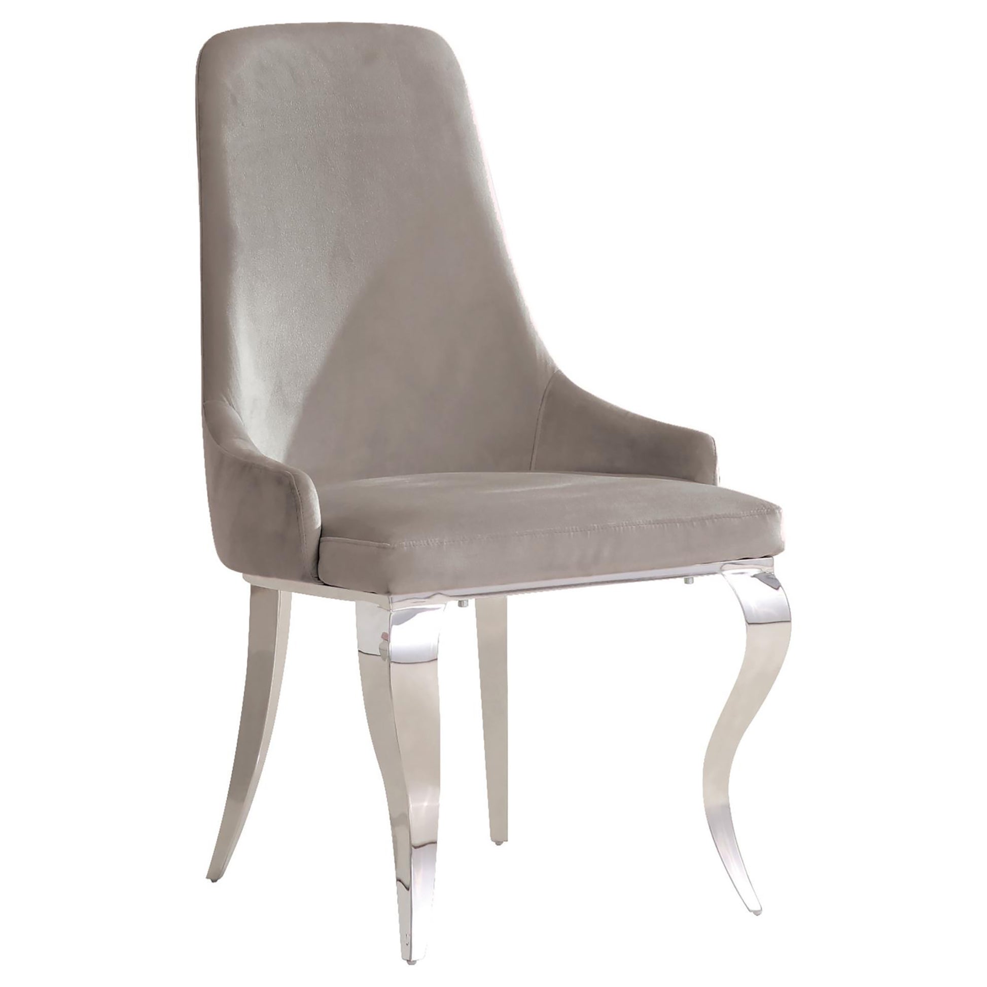 Grey velvet dining chair with polished chrome legs modern and elegant design