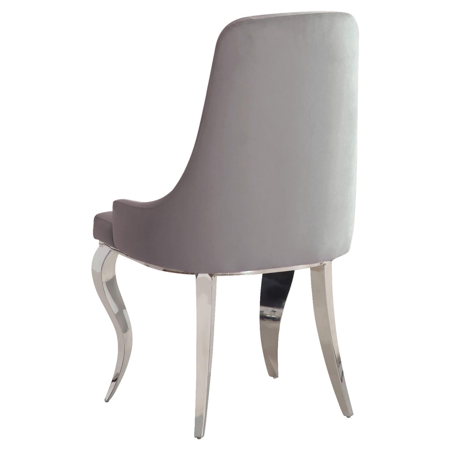 Grey velvet dining chair with polished chrome legs