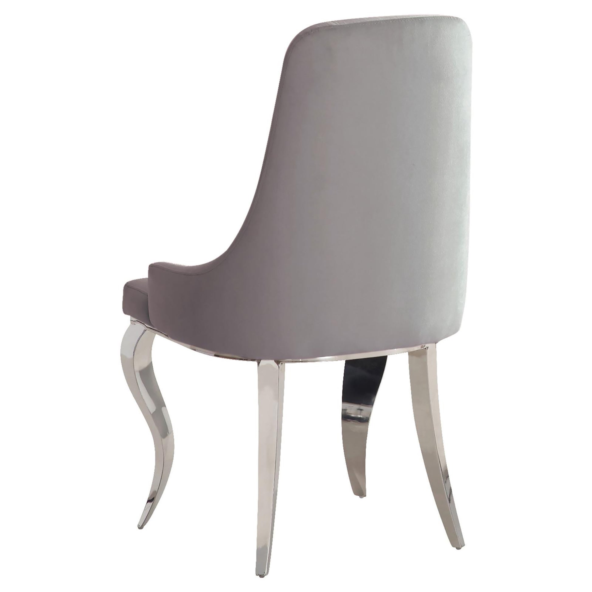 Grey velvet dining chair with polished chrome legs