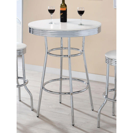 Retro diner bar table with white top chrome trim and matching white bar stools for a stylish seating area