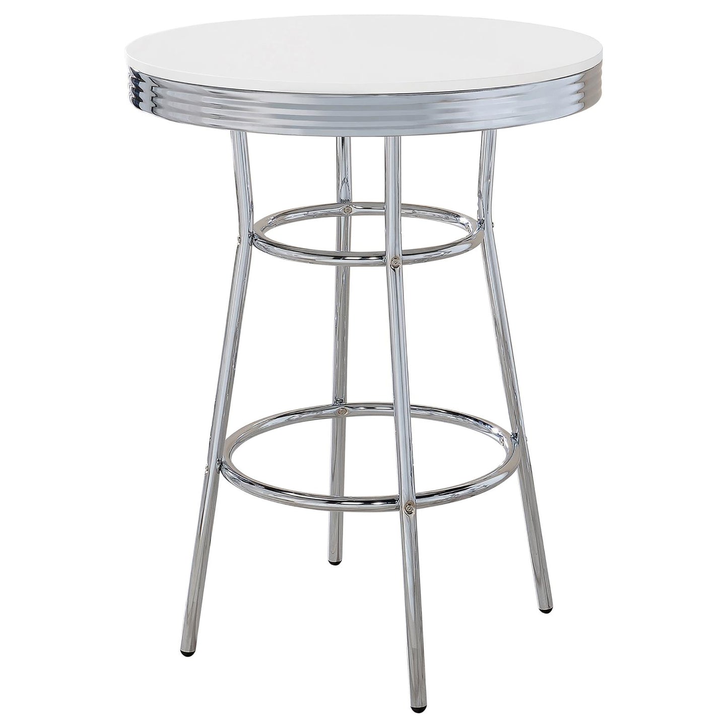 Retro diner style round bar table with white laminate top and chrome base