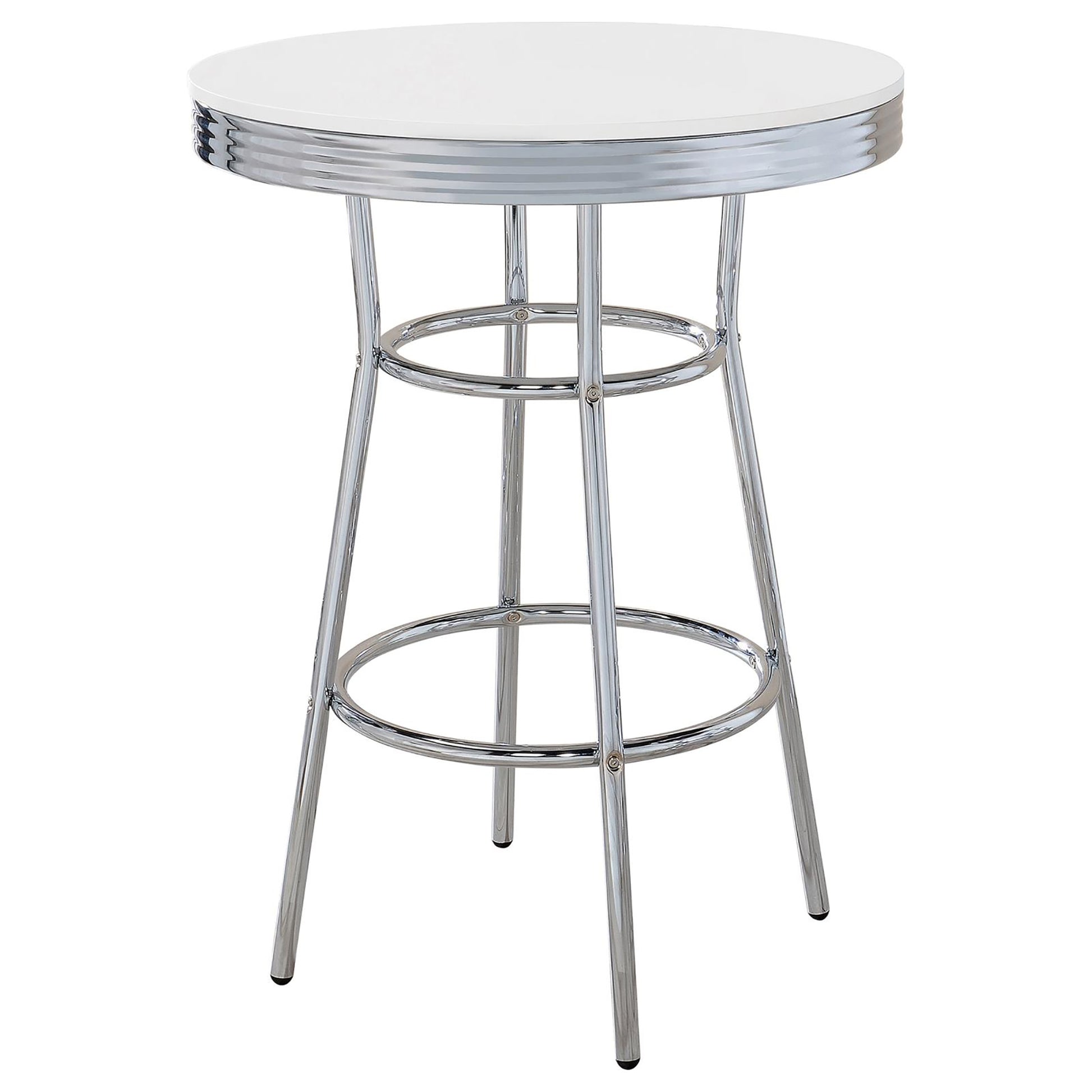 Retro diner style round bar table with white laminate top and chrome base