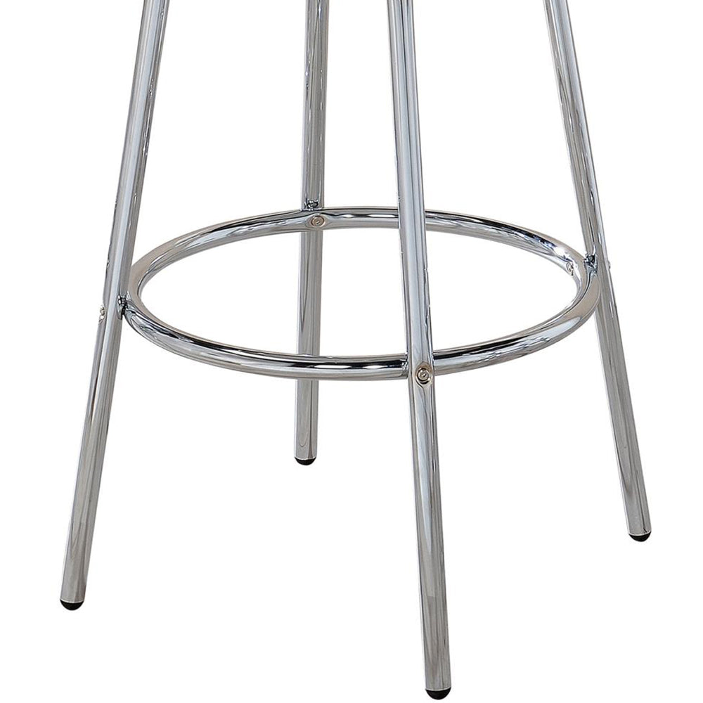 Closeup of a chrome bar stool base with four legs and a circular footrest